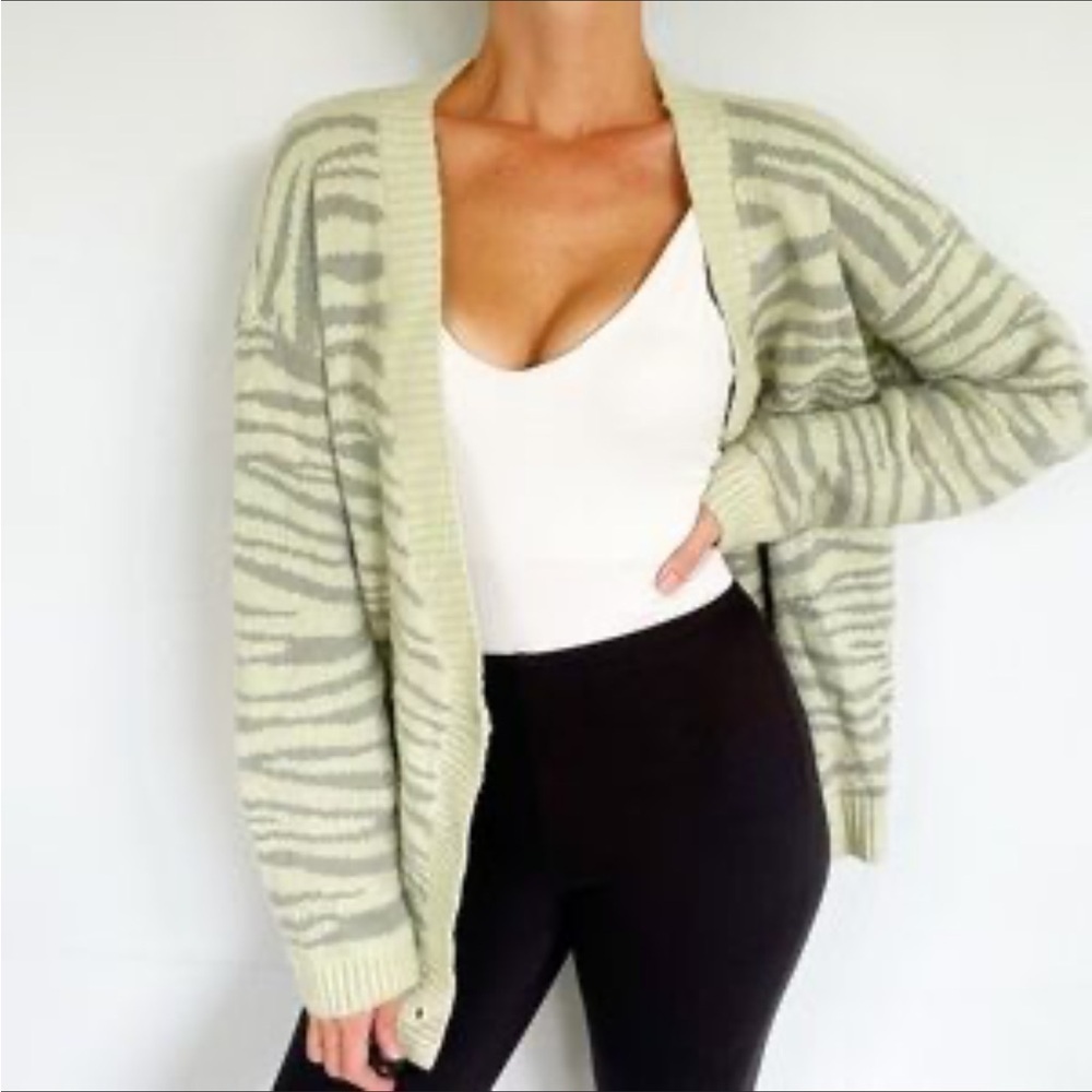 Le Lis Sage Green and Light Gray Striped Open Cardigan
